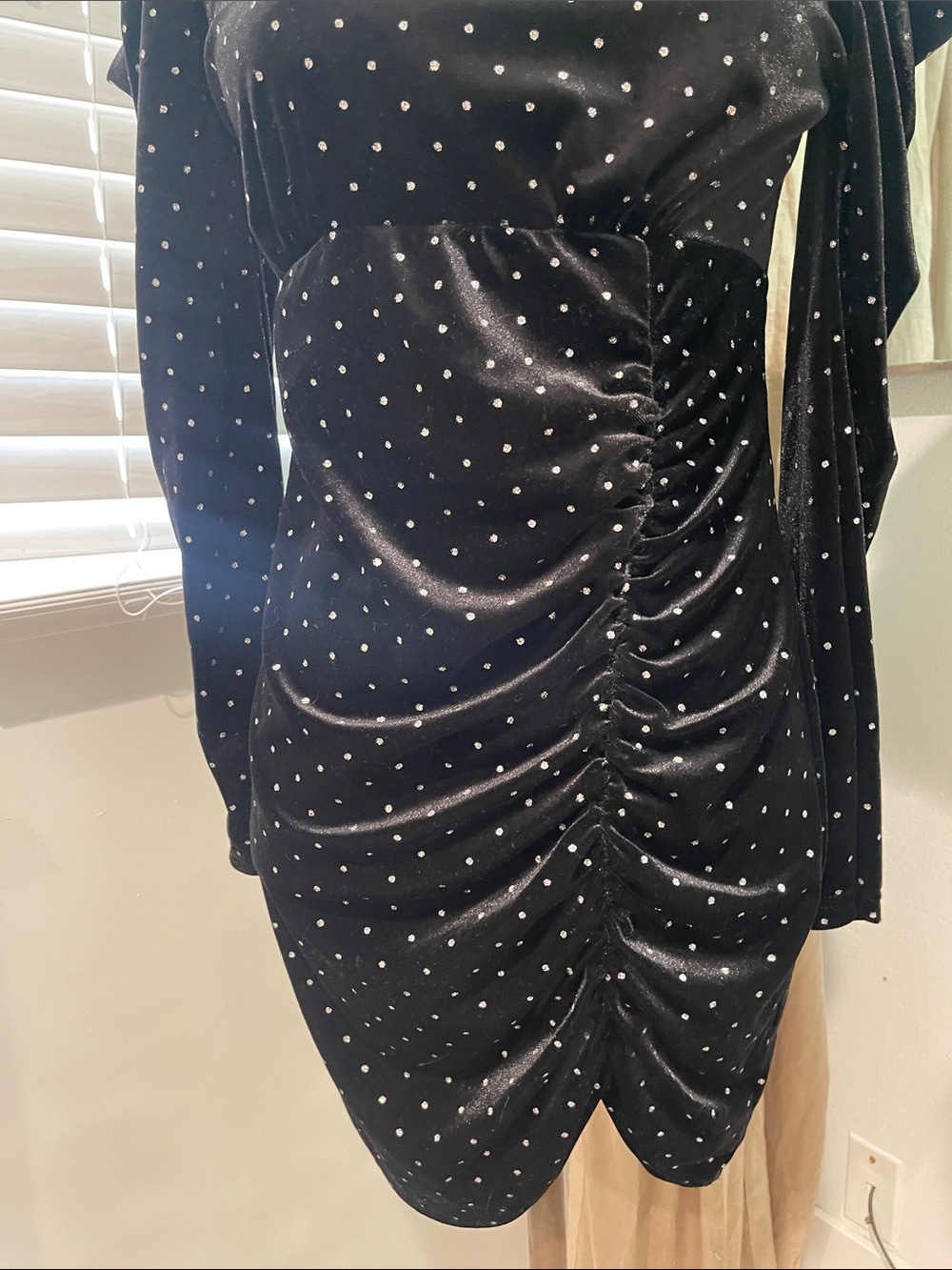 Beautiful Betsey Johnson Black Velvet Rhinestone Ruched Bodycon Dress - Picture 3 of 6